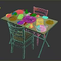 Delicious Assorted Foods On Wooden Dining Table With Plates Fresh Fruits Drinks And Chairs