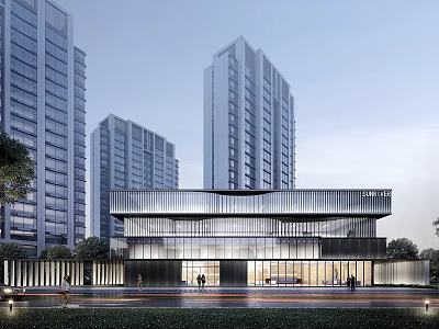 Modern Sales Office Building With Glass Metal Exterior And High rise Residences 3d model