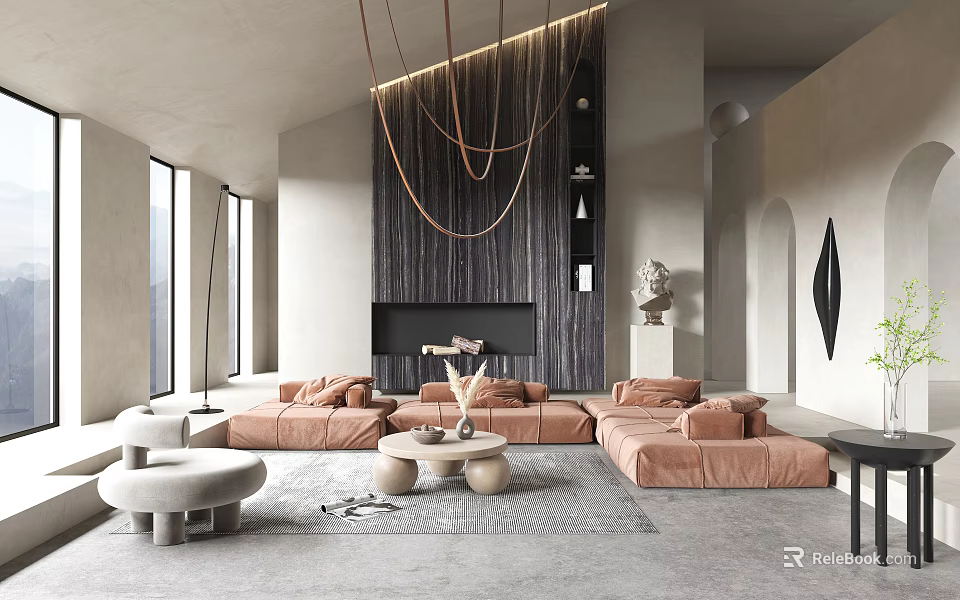 Modern Living Room Interior Design With Pink Sofa Fireplace Hanging Chains And Sculpture 3d model 