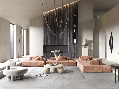 Modern Living Room Interior Design With Pink Sofa Fireplace Hanging Chains And Sculpture 3d model
