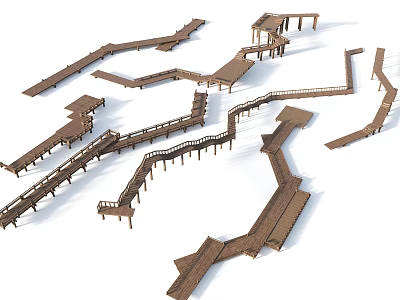 Wooden Road Facilities With Various Curved And Straight Walkways And Platforms 3d model
