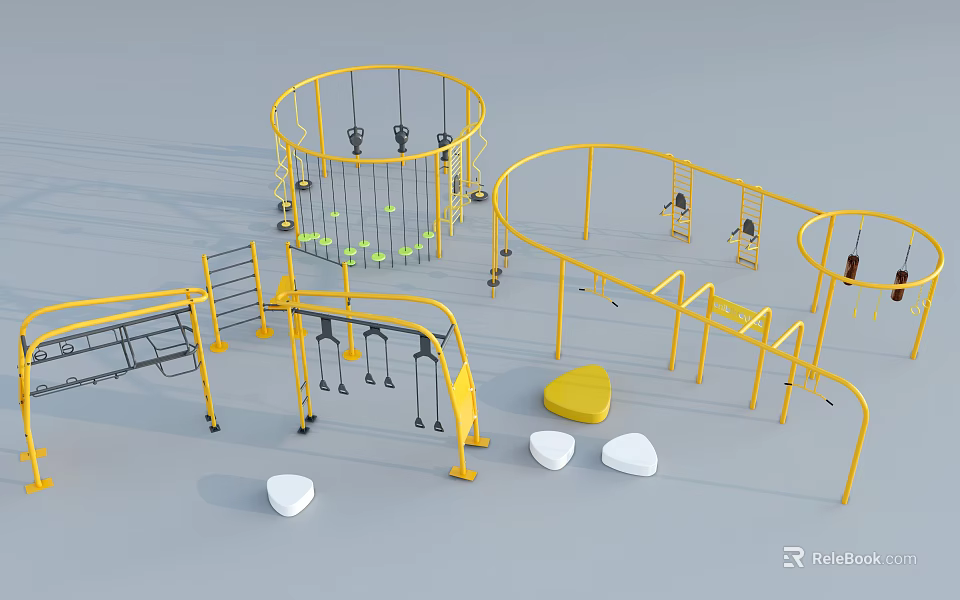 Outdoor Fitness Training Equipment With Yellow Climbing Frames Swings Parallel Bars White Stones And Yellow Mats 3d model 