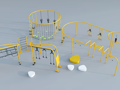 Outdoor Fitness Training Equipment With Yellow Climbing Frames Swings Parallel Bars White Stones And Yellow Mats 3d model
