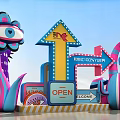 Vibrant Wayfinding Signage With Colorful Arrows Open Sign And Artistic Elements