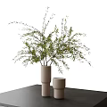 Modern Minimalist Beige Ceramic Vase with Green Foliage on Black Table Top