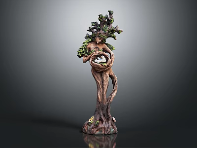 Tree Sculpture Featuring Bird Nest With Baby Birds And Frog At Base 3d model
