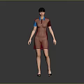 Woman In Red Dress With Blue Collar And Black Sleeves Standing On Gray Background
