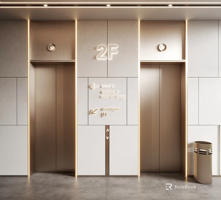 Modern Elevator Lobby With 2F Floor Sign Directional Indicators Light Colored Walls And Metallic Doors 3d model 