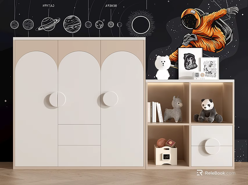 Decorative Cabinet With White Curved Doors Round Handles Open Shelf For Kids Room Toys Storage 3d model 