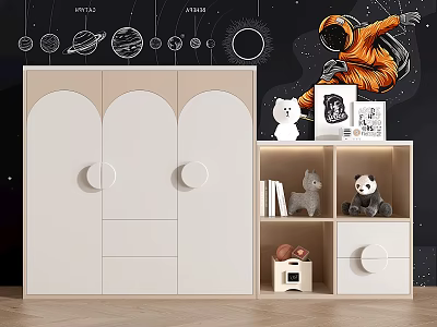 Decorative Cabinet With White Curved Doors Round Handles Open Shelf For Kids Room Toys Storage 3d model