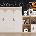 Decorative Cabinet With White Curved Doors Round Handles Open Shelf For Kids Room Toys Storage
