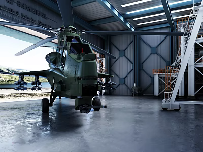 Green Military Helicopter Parked in Large Hangar with Metal Structure and Maintenance Ladder 3d model