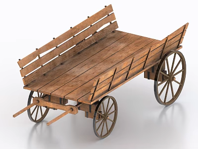 Vintage Wooden Cart with Wooden Planks and Spoked Wheels Structure Design 3d model