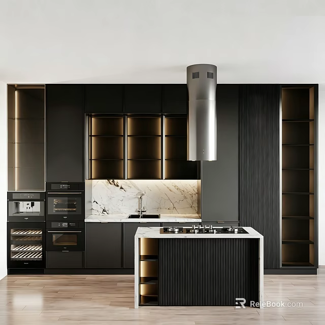 Sleek Modern Kitchen Featuring Black Glass Door Cabinets Marble Countertop Island And Range Hood 3d model 
