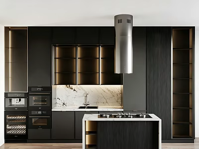 Sleek Modern Kitchen Featuring Black Glass Door Cabinets Marble Countertop Island And Range Hood 3d model