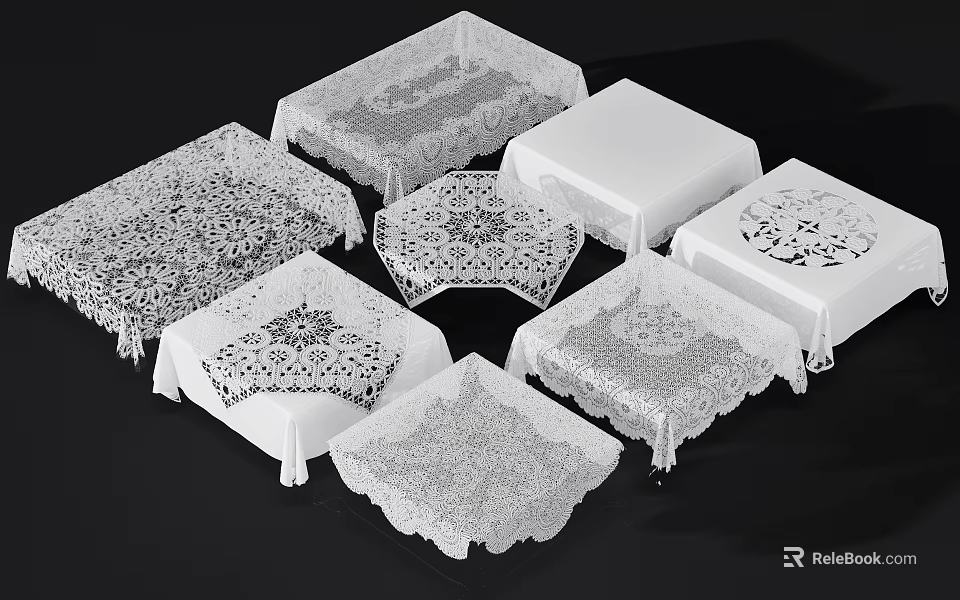 White Lace Tablecloths With Various Styles And Intricate Floral Patterns 3d model 