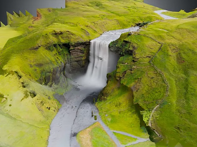 Stunning Green Valley Landscape With Waterfall Flowing River And Lush Grass 3d model
