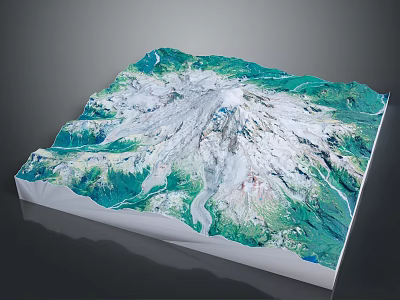 Detailed 3D Topographic Model With Snow Capped Mountain Green Vegetation And Winding River 3d model