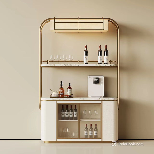 Light Luxury Home Wine Cabinet With Gold Frame And Storage For Wine Bottles And Glasses 3d model 