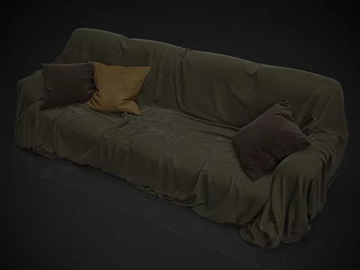 Comfortable Sectional Sofa with Green Slipcover and Brown Dark Accent Pillows 3d model