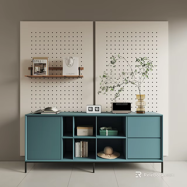Stylish Blue Entryway Cabinet Sideboard With Perforated Wall Panel Decorative Items Books And Plant 3d model 