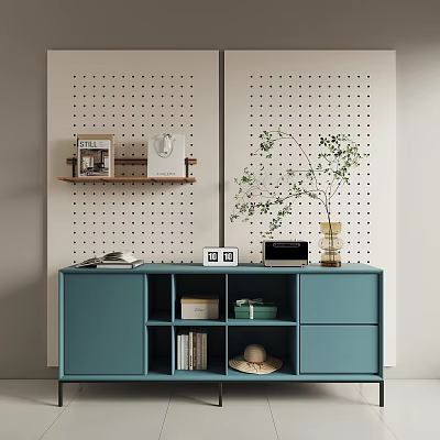 Stylish Blue Entryway Cabinet Sideboard With Perforated Wall Panel Decorative Items Books And Plant 3d model