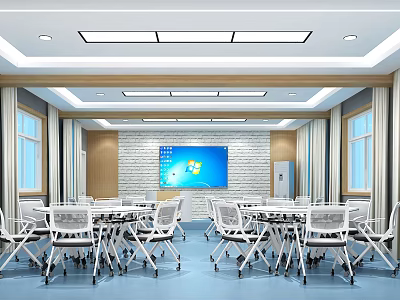 School Modern Classroom With Large Windows Desks Chairs And Interactive Display Screen 3d model