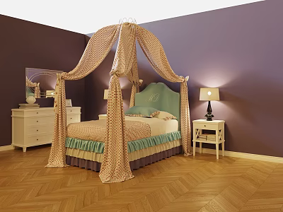 Single Bed With Canopy Green Headboard Purple Walls Wooden Floor And Bedside Table Lamp 3d model