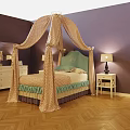 Single Bed With Canopy Green Headboard Purple Walls Wooden Floor And Bedside Table Lamp