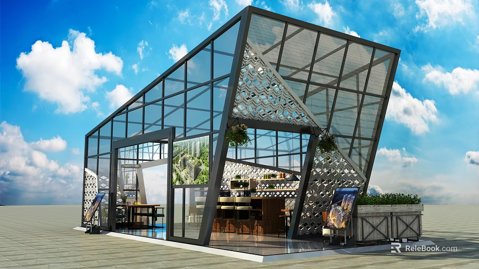 Modern Glass Building With Geometric Roof Metal Frame Indoor Seating Plants And Billboards 3d model 