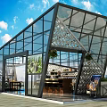 Modern Glass Building With Geometric Roof Metal Frame Indoor Seating Plants And Billboards