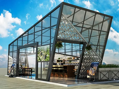 Modern Glass Building With Geometric Roof Metal Frame Indoor Seating Plants And Billboards 3d model
