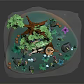 Colorful Cartoon Scene Of Floating Island With Green Tree Small Animals And Flowers