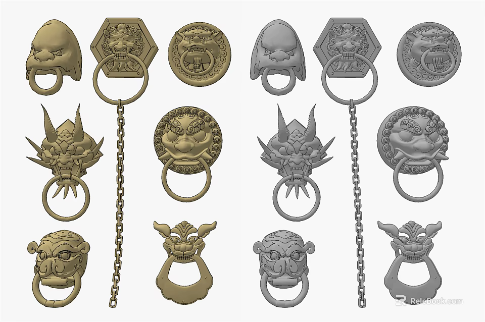 Various Traditional Decorative Door Knobs With Animal Head And Chain Designs 3d model 