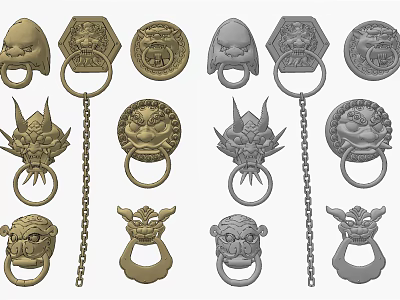 Various Traditional Decorative Door Knobs With Animal Head And Chain Designs 3d model