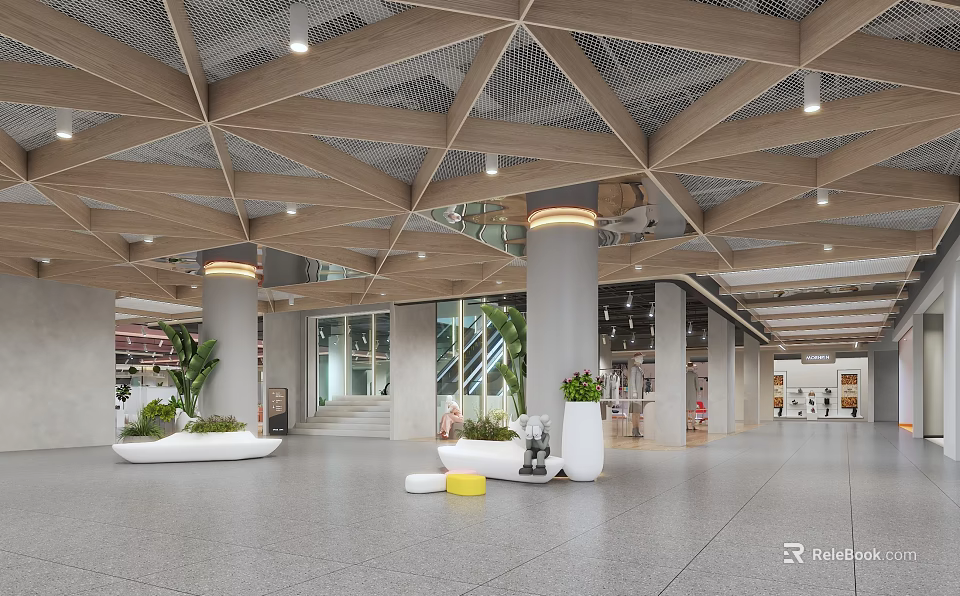 Modern Mall Lobby Interior With Wooden Ceiling And Potted Plants 3d model 