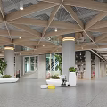 Modern Mall Lobby Interior With Wooden Ceiling And Potted Plants