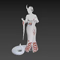 Woman in Traditional Kimono with Horns White Skin Red Eyes and Smoking Pipe