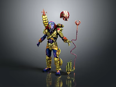 Ornate Armored Warrior Figure With Golden Blue Armor Red Helmet And Tentacle Weapon 3d model
