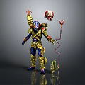 Ornate Armored Warrior Figure With Golden Blue Armor Red Helmet And Tentacle Weapon