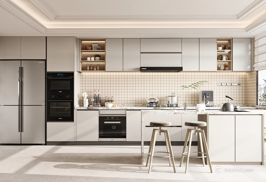 Modern Kitchen Interior Design With Island Counter Cabinets Tile Backsplash And Appliances 3d model 