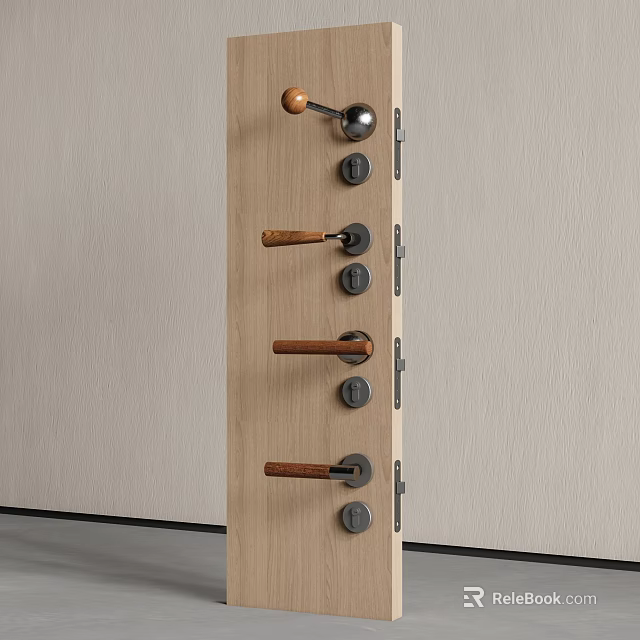 Modern Door Handles With Wooden And Metal Grips In Sleek Designs On Panel 3d model 