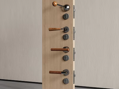 Modern Door Handles With Wooden And Metal Grips In Sleek Designs On Panel 3d model