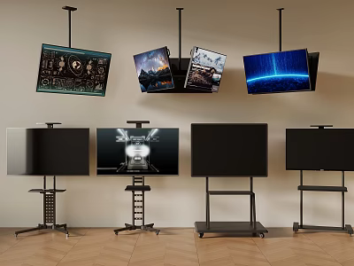 TV Sets Mounted on Ceiling and Floor Stands with Various Screen Displays 3d model