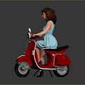 Red Scooter with Stylish Woman in Blue Dress on Gray Background