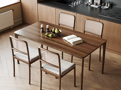 Modern Kitchen Wooden Dining Table and Four Wicker Backrest Chairs Set With Fruit and Book 3d model