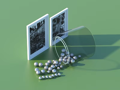 Decorative Ornament Set With Photo Frames And Silver Beads In Transparent Container 3d model