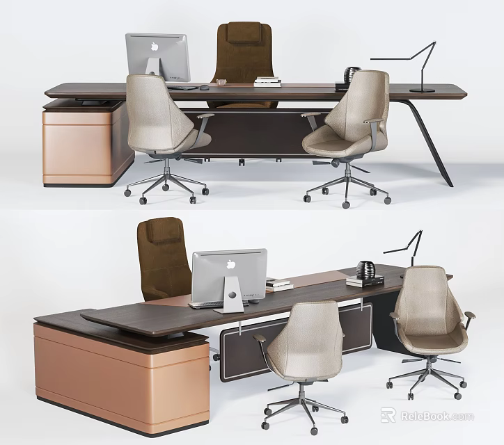 Modern Office Desk With Ergonomic Chairs Computer Desk Lamp And Storage Cabinet 3d model 