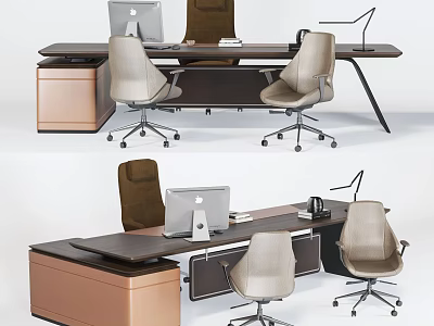 Modern Office Desk With Ergonomic Chairs Computer Desk Lamp And Storage Cabinet 3d model