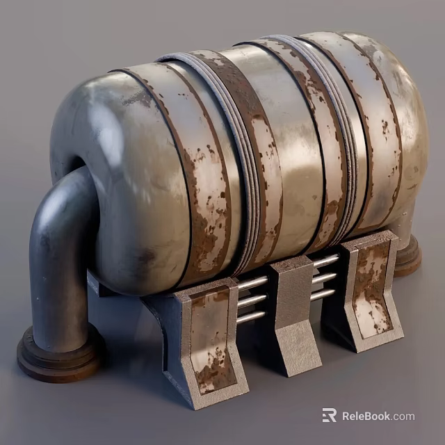 Industrial Metallic Cylindrical Storage Tank Architectural Component With Pipes And Rustic Supports 3d model 